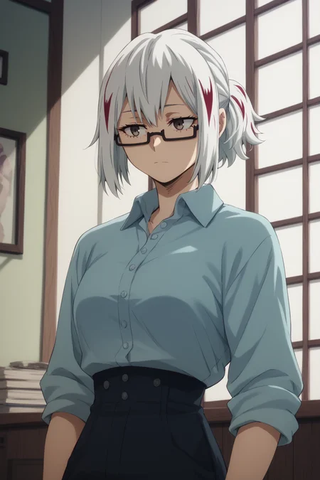 <lora:SlimesFuyumi-000003:1>, score_9, score_8_up, score_7_up, slimes_fuyumi, white hair with red highlights, glasses, waist up, standing, dining room background