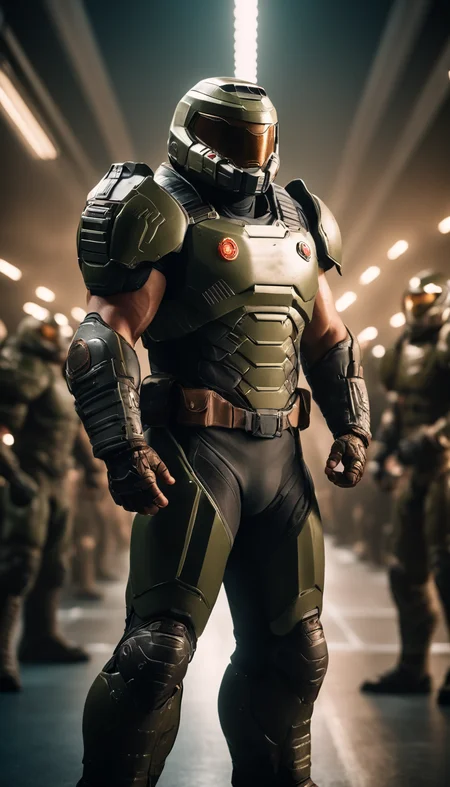 cinematic film still Cinematic scene, hero view, Doomguy, action pose, detailed background, masterpiece, best quality, high quality, highres, absurdres <lora:doomguy_xl_v1:1> . shallow depth of field, vignette, highly detailed, high budget Hollywood movie, bokeh, cinemascope, moody, epic, gorgeous, film grain, grainy