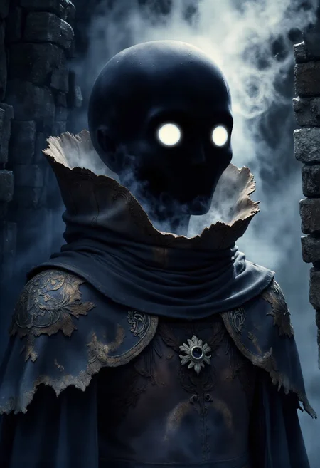 Studio Ghibli Dark Fairytale, A super close-up portrait of a malevolent shadow being, its silhouette razor-sharp yet almost featureless—humanoid in outline, but unnaturally still. No face. No mouth. No nose. Just an obsidian-like surface, matte and rippling faintly, as if carved from darkness itself.
Two glowing white eyes—perfectly round and expressionless—float where a face should be, steady and unblinking, casting a faint glow onto the smooth void around them. There is no emotion in the eyes, only intention. Cold, observing, calculating.
A faint shimmer of movement coils around the figure’s neckline: a tattered, high-collared cloak made of shadowstuff, moving in slow motion as though underwater. Its edges flicker like dying embers in reverse—sucking in light instead of casting it. Around the figure’s head, the lighting is precise and moody: a single backlight cuts through a fine mist, drawing out the curve of the skull and the chilling geometry of its presence.
The background fades into a murky swirl of stormclouds and ancient stone. Nothing distracts from the figure. It says nothing. It does nothing. But it is terrifyingly present—like the moment before a curse is spoken or a soul is undone.