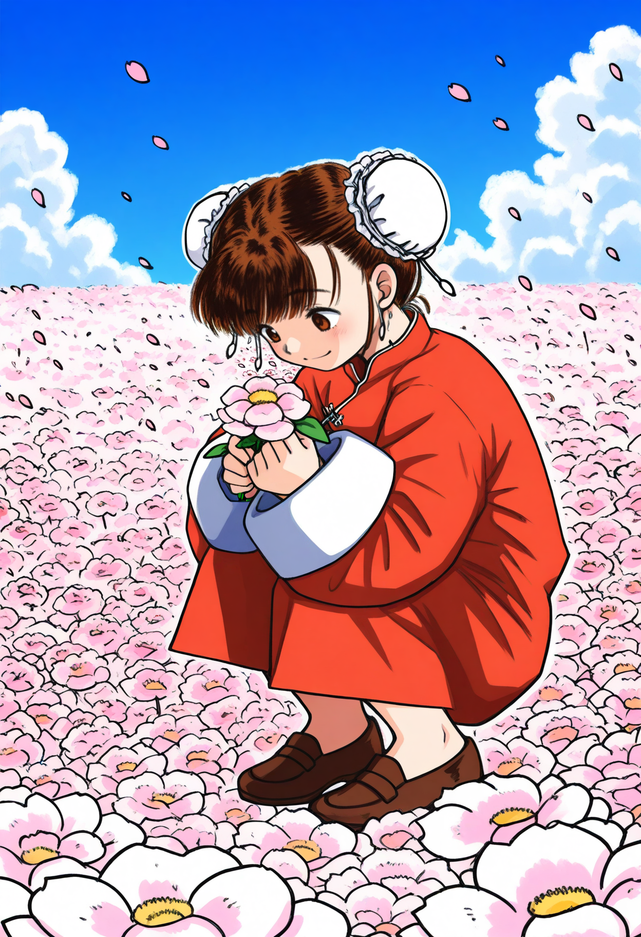 best hands,  <lora:gokuudoh_extragirl_IL:1>full body, looking down, 
gokuudoh_extragirl, gokuudoh_style, 1girl, solo, brown short hair, hair bun, double bun, bun cover, smile, closed mouth,  flower, squatting,
long sleeves, chinese clothes, brown shoes, 
holding flower, petals, 
BREAK outdoors, flower field, day,  sky, cloud,