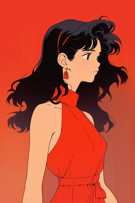 (realistic:1.1),ghibli ,flat style,(childen girl ,1girl ),,lip, Halterneck dress,Redcurrant, Rust gradient background, Black hair,Shaved sides hair, Soviet ,1980'S ,, (masterpiece,best quality,niji style)