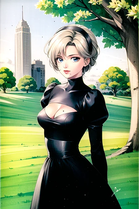 takada akemi,

yorha no. 2 type b,

1girl, black dress, black hairband, breasts, cleavage, dress, hair over one eye, hairband, lips, long sleeves, looking at viewer, medium breasts, mole, mole under mouth, puffy long sleeves, puffy sleeves, short hair, signature, solo, white hair, blue eyes, outdoors, grass, trees, ruins,

1980s \(style\), painting \(medium\), retro artstyle, watercolor \(medium\),

<lora:takada_akemi_offset:0.85>  <lora:yorha_noDOT_2_type_b:0.5>