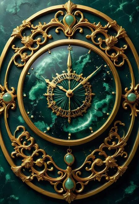 made from jade and obsidian, jade, obsidian,score_9, score_8_up, score_7_up, expensive looking, clock, golden clockhandsб golden metal pattern (mtlartCE_style)