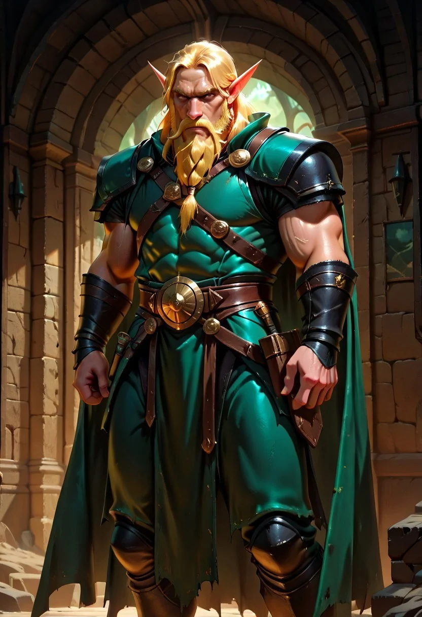 masterpiece, best quality, newest, absurdres, highres, Dark-Fantasy-Cardd-V.2.0,
1boy, pointy ears, muscular, muscular male, blonde, beard, facial hair, mustache, armor, robe, cape,