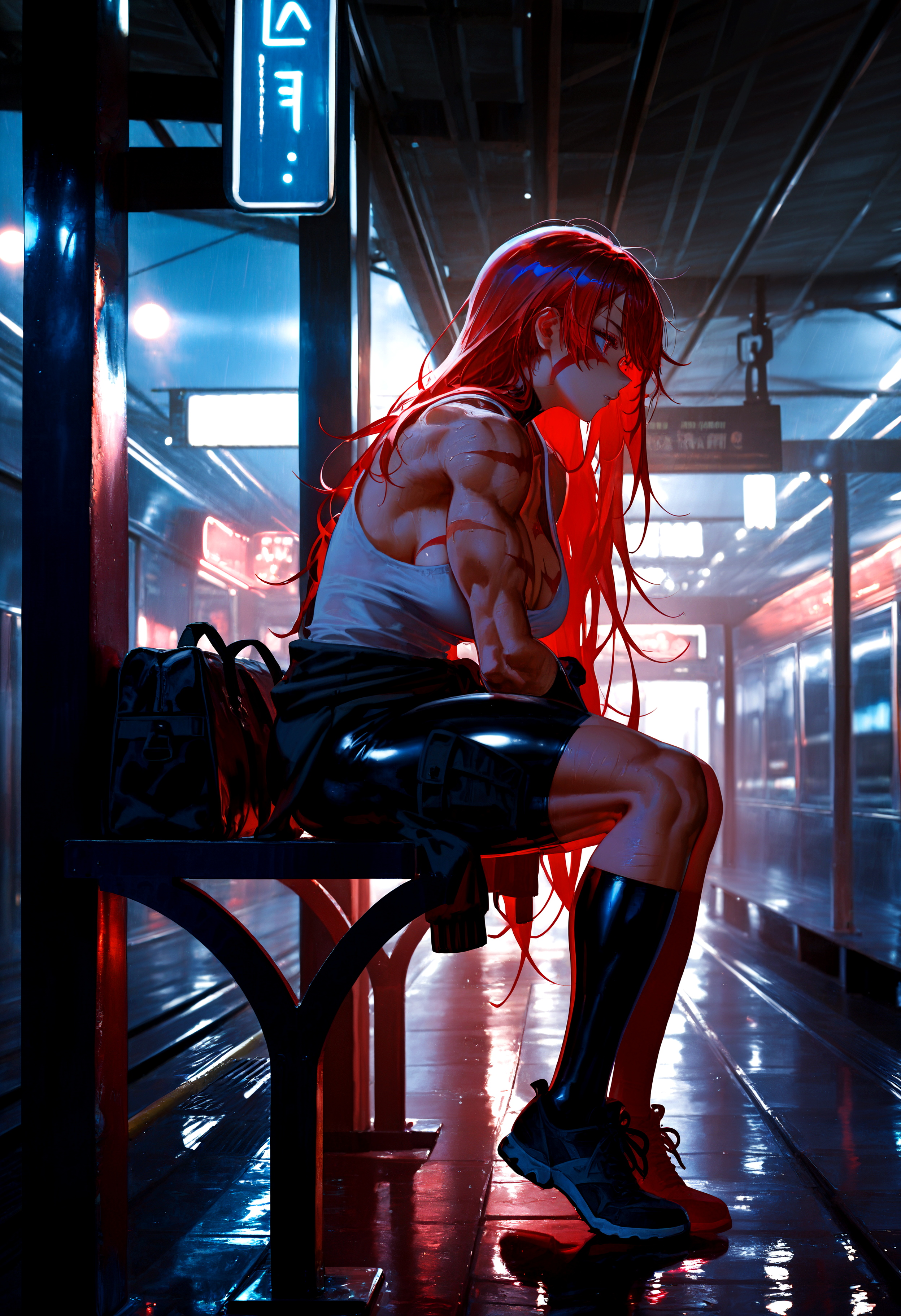 HDR, 8K, high contrast, masterpiece, best quality, amazing quality, very aesthetic, superabsurd res, high resolution, ultra-detailed, absurdres, newest, scenery, (horikoshi kouhei:0.3), (quasarcake:0.3), (wlop:0.3), light rays, dynamic angle, Tenkaichi_Fuma Kotaro, 1girl, curvy, toned, muscular female, red eyes, scar on face, very long hair, messy hair, red hair, multicolored hair, gradient hair, swept bangs, facepaint, bodypaint, biceps, muscular, obliques, body markings, breast tattoo, large breasts, abs, wide hips, (thick thighs:1.1), baggy tank top, white tank top, oversized shirt, sideboob, areolae slip, plunging neckline, hoodie tied around waist, baggy cargo pants, heavy rain, black bag rests beside her, sitting, train station platform, high train station platform, (colorful), neon lights, reflections, cyberpunk, glow, neon signs, glowing, backlighting, partially illuminated, Intricately designed, Mysterious Shadows, BREAK, photorealistic, beautiful detailed eyes, detailed skin, detailed hair, volumetric lighting, dappled light, light particles, dramatic shadows, cinematic lighting, photo background, depth of field, <lora:IL\KMS_Tenkaichi_Fuma_Kotaro_IL-000013:0.75> <lora:IL\touching_grass_v0.2:1>
