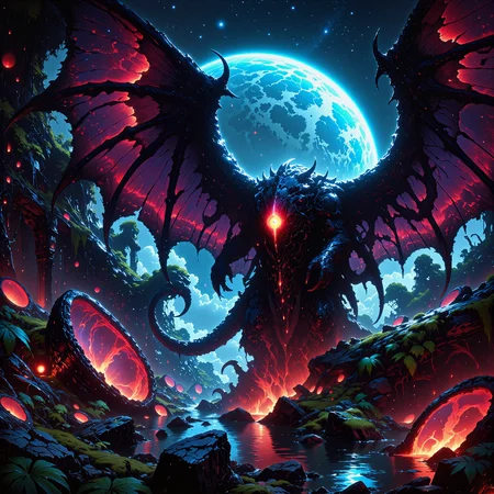 incredible and surreal scenery on a distant world, famous artwork inspired by antonio j. manzanedo and noah bradley, in the heart of the jungle on planet "ickysphere tertius", the "accomplished gronklord" with its shnibbleframy wings and its glowing argleblattered eyes prowls through the shadows, surrounded by the ancient overgrown ruins of the eggerfroggles and the swirling pools of gonzer, creature focus, very aesthetic, extremely detailed, ultra high resolution, 8k, 4k, harmonising colors, night blue and byzantium purple and wine red and eggshell white and viridian, ovg, in the style of ck-ovf, digital illustration, <lora:image_enhancer-flux-by_dever:0.64> <lora:style-oneviolentfantasy-ep21-flux-by_chronoknight:0.64> <lora:epic_gorgeous_details-balance-flux-by_flyway:0.64> <lora:style-moriimee-gothic_niji-flux-by_tentacles_riders:0.8>