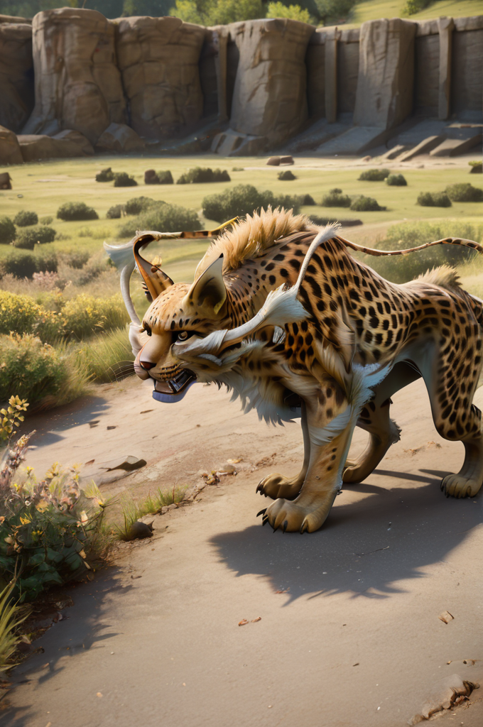 source_furry, score_9, score_8_up, score_7_up, (coeurl_xv, monster, feline, feral), fur, body fur, yellow fur, black dotted, white hair, animal ears, yellow eyes, detailed eyes, animal nose, whiskers, paws, claws, tail, <lora:FF_CoeurlPony09:0.8>, outdoor, side view, fighting stance, look at viewer, looking angry, sharp teeth, zPDXL2, zPDXLpg, zPDXLrl, best quality, highly detailed, extreme details, masterpiece, photorealistic, hyperrealistic, ultra realistic, hdr, 4k, uhd, ray tracing, shaded