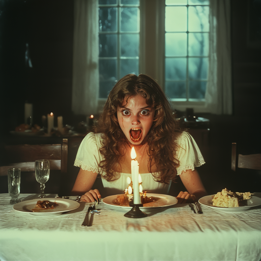 <lora:70s_Horror_MovieSDXL:1> ArsMovieStill, movie still from a 1970s horror movie, The image shows a young woman sitting at a dining table with a lit candle in front of her. She is wearing a white dress and has long curly hair. Her mouth is open wide and her eyes are wide open as if she is screaming or shouting. The table is covered with a white tablecloth and there are plates of food and glasses of water on the table. The background is dark and there is a window visible in the distance. The overall mood of the image is eerie and spooky., 1girl, candle, food, long hair, table, brown hair, solo, open mouth, fangs, plate