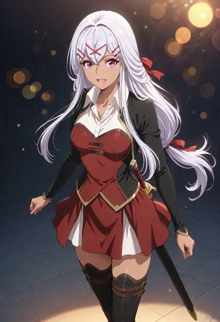 score_9, score_8_up, score_7_up, dynamic view, eye_focus, solo, looking_at_viewer, 1girl,
masterpiece, best quality, bokeh, luminescent background,
(yulishia, dark-skinned female, white hair, long hair, hair between eyes, bangs, purple eyes, hair ornament, hairclip, x hair ornament, hair ribbon, red ribbon, medium breasts, black jacked, white shirt, collared shirt, wing collar, long sleevs, red dress, dress skirt, red skirt, black thighhighs, brown boots, scabbard, sword in scabbard, sword,
),
portrait, happy,