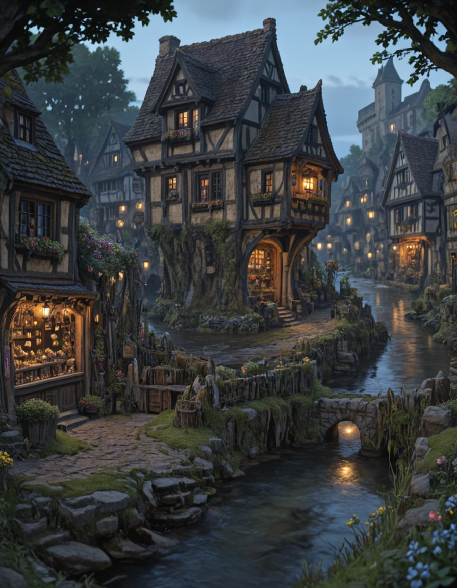 <lora:Medieval_Worlds_outsidexl:1> mw01out, medieval, very detailed, river, moss, illuminated, city lights, vegetation, flowers, roots, grass, shop, house on roots