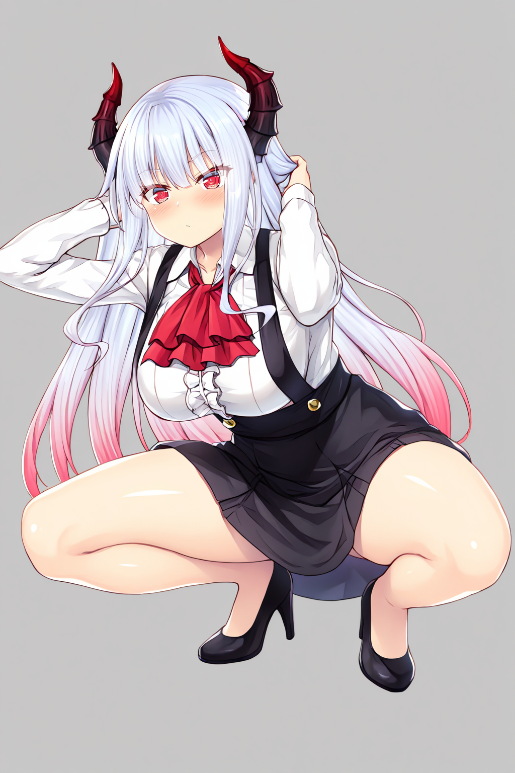 highres,masterpiece,best quality,intricate details,4k,amazing quality,quality,very aesthetic,absurdres,very detailed,newest,(detailed eyes:1.3),1girl, official art, 
simple background,
curvy figure,wide hips,curvy,(thick thighs),blush,collarbone,shiny skin,
(large breasts),groin,
standing,  suspenders, (suspender skirt:1.3),  white shirt,  shirt frills, skirt, arms behind head, squatting, long sleeves, red ascot, high heels, bent over, 
BREAK Arccco,white hair,red hair,red eyes,v-shaped eyebrows,hair between eyes,bangs,long hair,gradient hair,multicolor hair, dragon horns, horns,   <lora:ArcoV2.8_Ilx:1>,