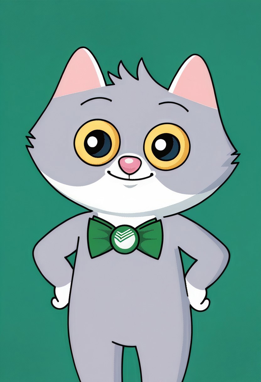 score_9, score_8_up, score_7_up, score_6_up, score_5_up, score_4_up, <lora:Sbercat:0.8>, sbercat, cat, grey fur, two tone fur, cat tail, black eyes, yellow sclera, green bowtie with sber logo, solo, green gradient background, looking at viewer, hands on own hips, portrait, smile, closed mouth, standing, <lora:zy_Detailed_Backgrounds_v1:0.7>