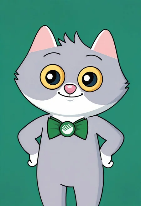 score_9, score_8_up, score_7_up, score_6_up, score_5_up, score_4_up, <lora:Sbercat:0.8>, sbercat, cat, grey fur, two tone fur, cat tail, black eyes, yellow sclera, green bowtie with sber logo, solo, green gradient background, looking at viewer, hands on own hips, portrait, smile, closed mouth, standing, <lora:zy_Detailed_Backgrounds_v1:0.7>