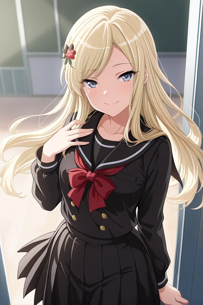 masterpiece, best quality, amazing quality,
<lora:Fumi_IL:1> fumi, 1girl, solo, blonde hair, long hair, hair ornament, skirt, black school uniform, looking at viewer, hair flower, blue eyes, flower, bow, red bow, pleated skirt, smile, long sleeves, bowtie, shirt, red bowtie, red flower, black skirt, serafuku