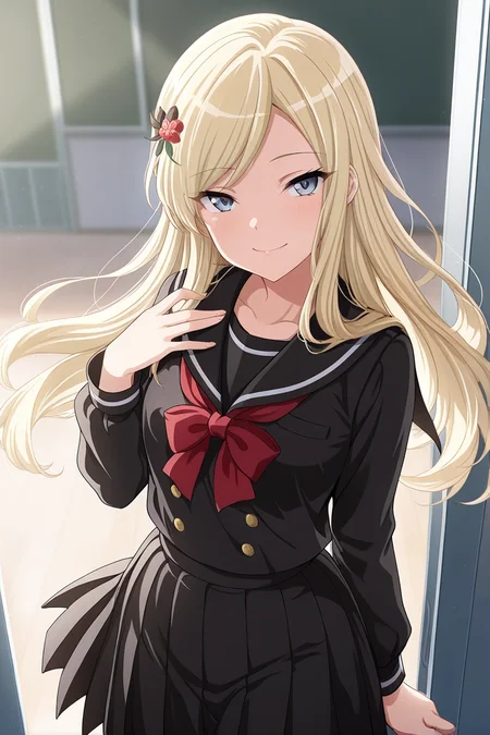 masterpiece, best quality, amazing quality,
<lora:Fumi_IL:1> fumi, 1girl, solo, blonde hair, long hair, hair ornament, skirt, black school uniform, looking at viewer, hair flower, blue eyes, flower, bow, red bow, pleated skirt, smile, long sleeves, bowtie, shirt, red bowtie, red flower, black skirt, serafuku