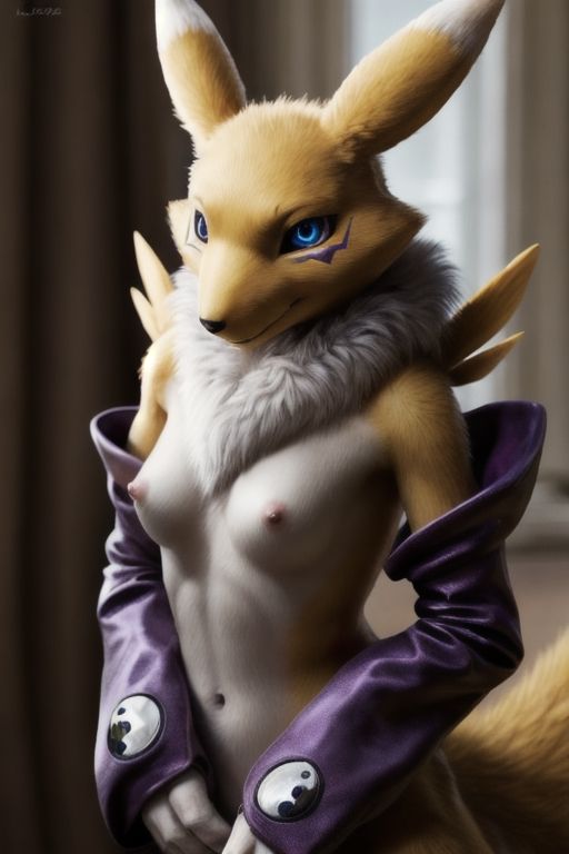 real e621, photorealistic, masterpiece, renamon_(digimon), looking at viewer, sharp blue eyes, full body portrait, purple sleeves,