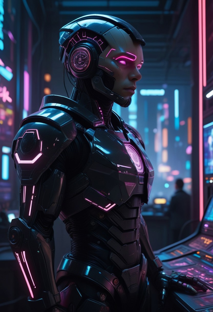 corporate enforcer in a dystopian metropolis, stern and authoritative expression, clad in sleek, black armor with glowing insignias, standing in a high-tech control room with holographic displays, skyscrapers visible through the large windows, air filled with the scent of artificial coolants and high-tech equipment, distant sounds of robotic announcements and city noise, use of 'high resolution', '8k', 'hyper-detailed', 'dystopian', 'cyberpunk', 'dramatic lighting' to highlight the character, 'depth of field' for immersive effect, 'HDR' for high dynamic range