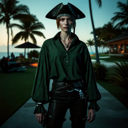 Piratepunk style, (notoriousfisherman's hat pirate) tall and skiny,  dark chestnut hair with hime haircut, light brown eyes, wearing a pirate wearing a bandana, dark green loose-fitting pirate blouse with stripes, tight pants, boots, cybernetic implants,, set in  a tropical island with a luxurious resort, a golf course, and a spa , at dawn,,  <lora:scifi/fluxPunk_v1.safetensors:1.0>,  <lora:scifi/fluxPiratePunk_v1.safetensors:1.0>,  <lora:scifi/Neon_Cyberpunk_Detailer_FLUX_multi_trigger.safetensors:1.0>, mad-cbrpnk-dtlr,  <lora:scifi/RM_Robotify_v0.7M.safetensors:1.0>, Cyborg, Exosuit, Mecharmor, Robot, Mech, Power Armor, Heavy Mech, futuristic, tactical.  Swashbuckling, adventurous aesthetic with pirate-inspired elements, high-tech machines, and futuristic technology.