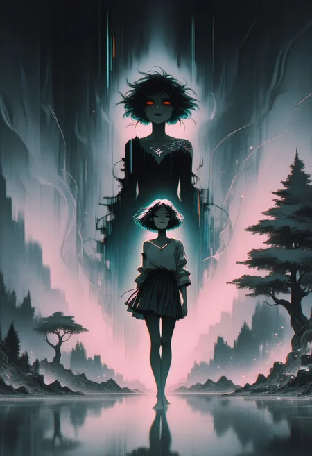 (masterpiece, best quality, amazing quality, very aesthetic, absurdres, newest, OTZZK, Studio Ghibli Dark Fairytale, glitch, glitch art, detailed glitch), (moody elegance:1.2), cinematic lighting, surreal textures, broken beauty
1girl, black bangs, short tousled hair, deep eyes catching faint light, slightly parted lips, glossy and inviting, standing barefoot in soft ground fog, oversized shirt slipping off one shoulder, revealing a hint of cleavage and smooth skin, short pleated skirt riding up to expose more of her thighs, smooth legs visible in motion, motion blur:1.5, body slightly arched mid-sprint, glowing red eyes from behind, shadow tendrils reaching like smoke, subtle curves accentuated by the moonlight, a hint of a sultry smile playing on her lips, a sense of raw, untamed allure and sensuality, her movements fluid and graceful, a hint of a tattoo visible on her shoulder
Nighttime forest scene bathed in soft moonlight, haunted stillness, eerie silhouettes of trees, ground wet and shining, glimmering puddles reflecting glitchy fragments, floating hair, glowing particles drifting, atmosphere charged with quiet tension and erotic energy, dramatic shadows, muted reds and cold blues, high contrast, dreamlike palette, dark fairytale ambiance, haunted beauty, sensual and alluring