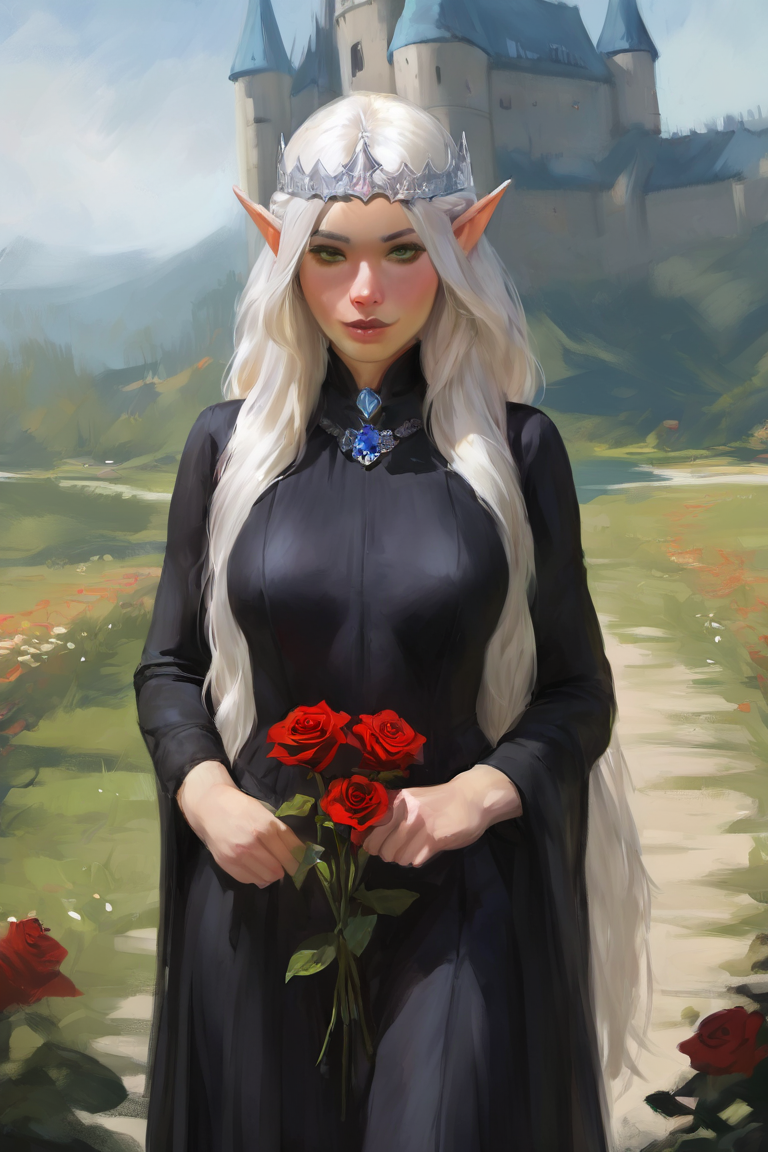 masterpiece, best quality, highres, newest, digital art, realistic, 1girl, solo, mature female, elf, pointy ears, breasts, long hair, very long hair, white hair, green eyes, portrait, looking at viewer, medium breasts, high collar, long dress, black dress, crown, silver crown, holding, holding flower, rose, red rose, necklace, jewelry, closed mouth, cowboy shot, standing, outdoors, castle <lora:Digital Art [LoRA] - NoobAI-XL EPS 1.0:0.8>