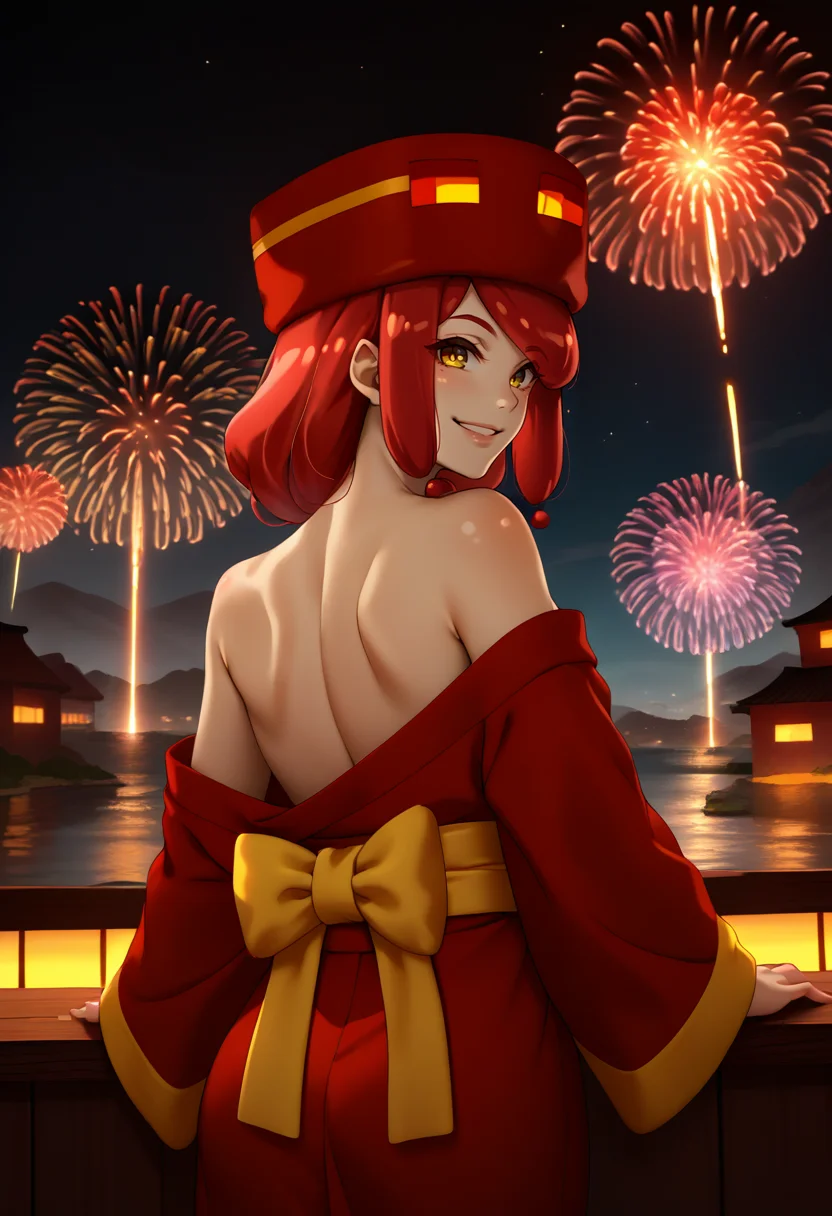 score_9, score_8_up, score_7_up, source_anime, from behind, solo, 1girl, magmacube, smile, looking at viewer, red hair, hat, yellow eyes, red kimono, off shoulder, yellow sash, bare shoulders, fireworks <lora:mobtalker_magmacube_ponyXL:1>