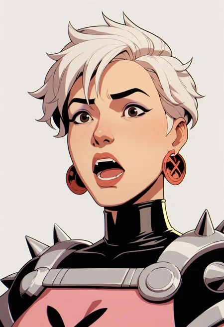 xmen97 style, solo, 1girl, earrings, jewelry, open mouth, asian, white hair, upper body, short hair, armor, makeup, spikes, anime coloring, flat color, cel shading, cel shaded, 2d, PonyXLV6_Scores zPDXL
