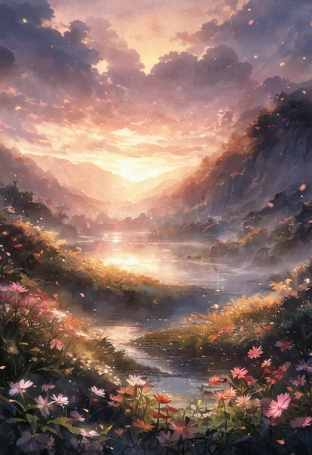 watercolor, detailed background, great lighting,( Calm Autumn morning landscape), amongst lush greenery, beautiful view, surrounded by mist, morning mist, Cosmos in full bloom, Cosmos, Unexplored, early morning, sunrise sky, beautiful clouds, dappled sunlight, beautiful, Tranquil Lake, petals dancing in the wind, depth of field, masterpiece, best quality, ultra-detailed, very aesthetic, illustration, perfect composition, intricate details, absurdres, moody lighting, wisps of light, no humans,