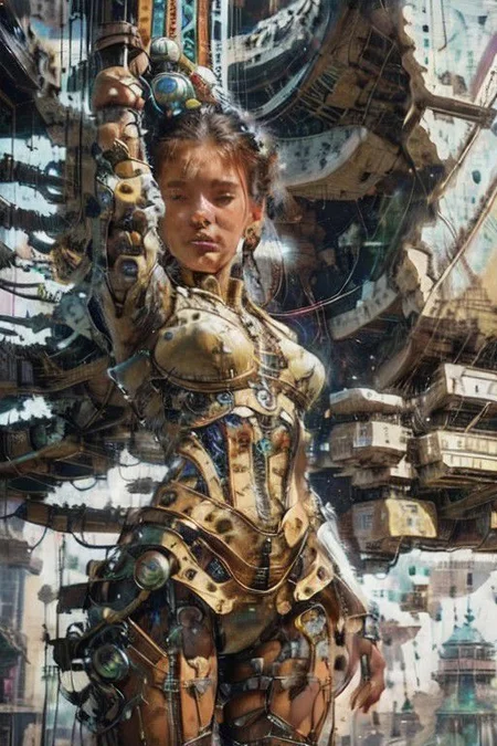 2d artwork, line artwork, comic aesthetics, (close-up:1.5), 3/4 view, (from below:1.5), gorgeous time travel woman, looking at viewer, surreal, breathtaking high-tech hardware background, line noise, ancient, retrofuturism, old comic paper, cyberpunk, crazy scenery,