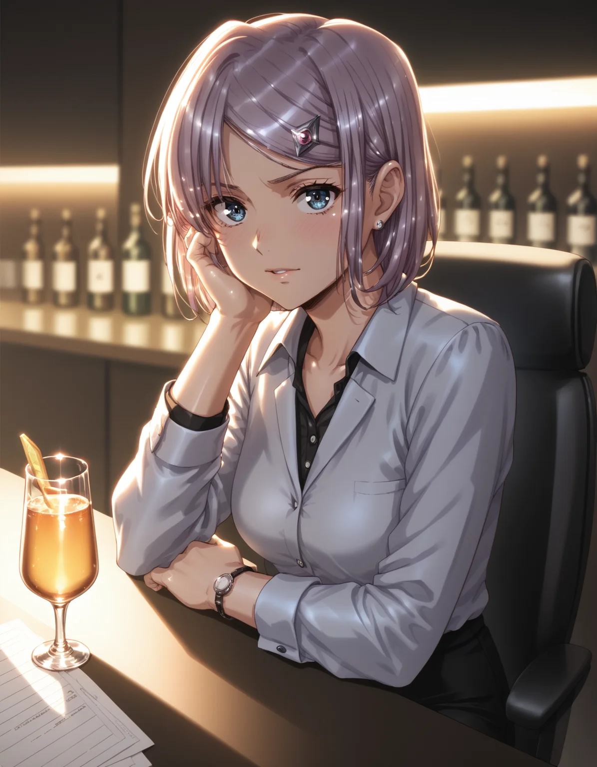 score_9, score_8_up, score_7_up <lora:neilis-ponyxl-000024:1> neilis, hairclip, office lady,
1girl, light blush, drinking glass, bar, dim lighting