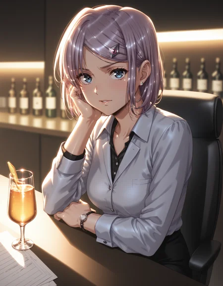score_9, score_8_up, score_7_up <lora:neilis-ponyxl-000024:1> neilis, hairclip, office lady,
1girl, light blush, drinking glass, bar, dim lighting