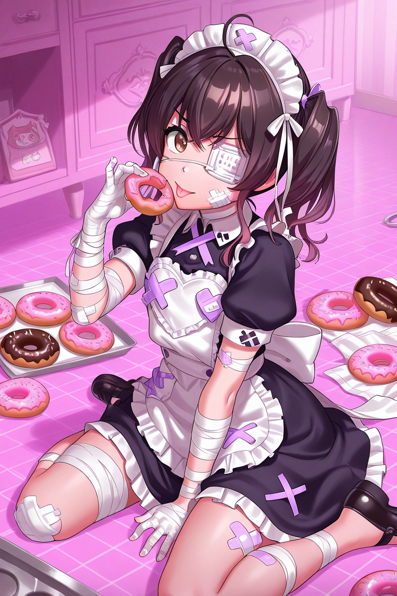 masterpiece, best quality, amazing quality,
 <lora:Muni_IL:1> muni, 1girl, bandages, eyepatch, twintails, solo, apron, dress, tongue out, tongue, wariza, doughnut, bandaged arm, maid, sitting, brown eyes, maid headdress