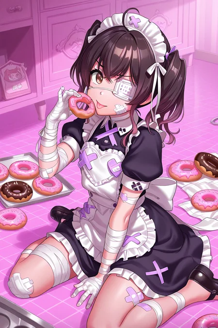 masterpiece, best quality, amazing quality,
<lora:Muni_IL:1> muni, 1girl, bandages, eyepatch, twintails, solo, apron, dress, tongue out, tongue, wariza, doughnut, bandaged arm, maid, sitting, brown eyes, maid headdress