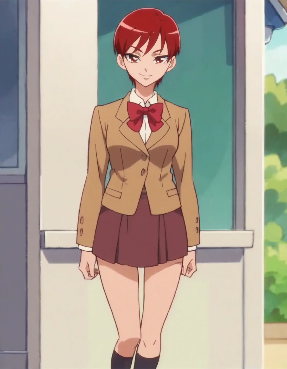 score_9, score_8_up, score_7_up, anime screencap, solo,1girl,kenjouakira,school uniform, skirt,brown blazer, jacket, bow, smile, looking at viewer, cowboy shot,wide hip,medium breasts,<lora:kenjouakira:0.8>