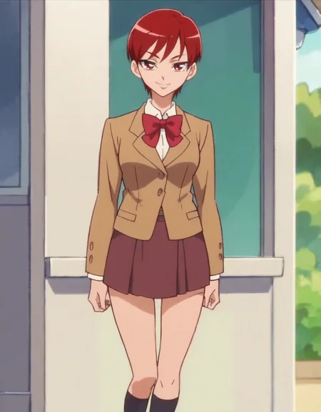 score_9, score_8_up, score_7_up, anime screencap, solo,1girl,kenjouakira,school uniform, skirt,brown blazer, jacket, bow, smile, looking at viewer, cowboy shot,wide hip,medium breasts,<lora:kenjouakira:0.8>