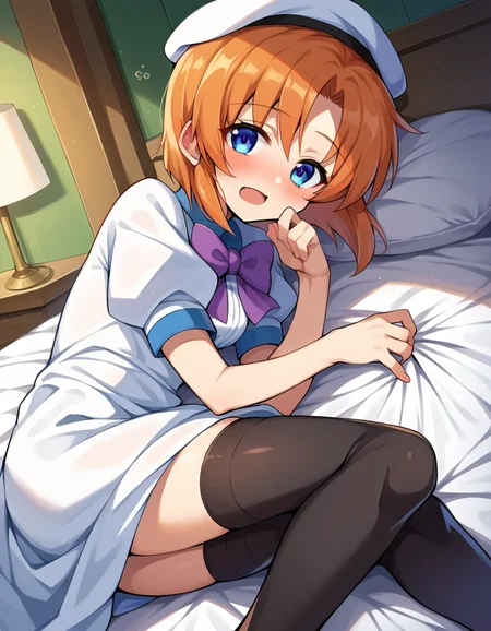 score_9, score_8_up, score_7_up, source_anime,
renaryuuguu, <lora:rena-ryuuguu-ponyxl-lora-nochekaiser:1>,
rena ryuuguu, orange hair, short hair, blue eyes,
beret, black thighhighs, bow, bowtie, dress, hat, puffy short sleeves, puffy sleeves, purple bow, purple bowtie, short sleeves, thighhighs, white dress, zettai ryouiki,
indoors, bed, bed room, on side, blush, drunk,
looking at viewer, dutch angle, cowboy shot,