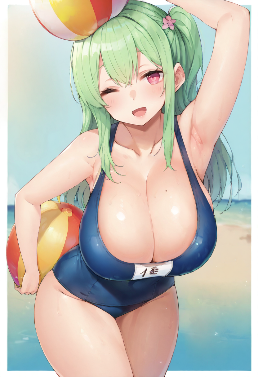 score_9, score_7_up,  1girl,    huge breasts, wide hips, thick thighs, one-piece swimsuit, pink eyes, long hair, alternate breast size, blush, thighs, one eye closed, school swimsuit, green hair, blue one-piece swimsuit, swimsuit, holding beachball, cleavage, armpits, :d, hair ornament, ;d, open mouth, breasts, holding, holding ball, curvy, smile, beachball, arm up, looking at viewer, ball, one side up, name tag
 <lora:nekoume-Style-PonyXL-GLoRA-000048:1>