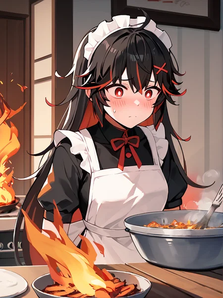 score_9, score_8_up, score_7_up, score_6_up, score_5_up, score_4_up, source_anime, plumebase, red eyes, long hair, black hair, two-tone hair, x hair ornament, small pupils,
maid, cooking, blush, fire, confused, sweatdrop, burning, steam, messy hair, smoke, frayed hair, burning house
<lora:luciaplume-step00001600:1>