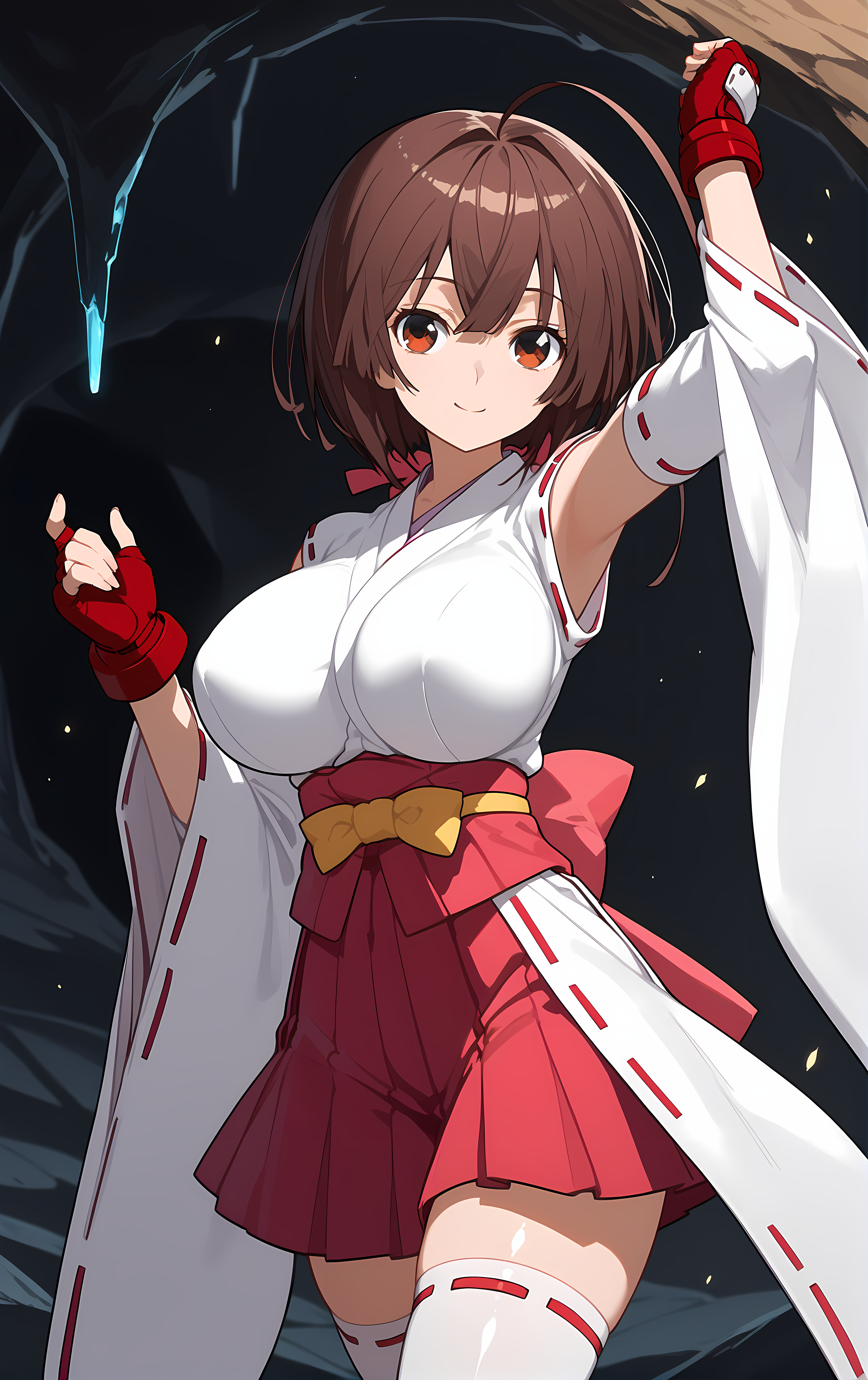 (score_9, score_8_up, score_7_up), looking at viewer, smile, closed mouth, shiny skin,
ohwx, 1girl, solo, brown_hair, brown_eyes, long_hair, ahoge, breasts, short_hair, large_breasts, ahoge, huge_ahoge,
fingerless_gloves, bare_shoulders, bow, gloves, hakama, hakama_short_skirt, hakama_skirt, impossible_clothes, impossible_shirt, jacket, japanese_clothes, kimono, long_sleeves, miko, red_gloves, red_ribbon, ribbon, ribbon_trim, sash, shirt, skirt, thighhighs, white_thighhighs, wide_sleeves, zettai_ryouiki,
cave, Leaping with one arm up,
<lora:musubi_pony_ss-000001:1>