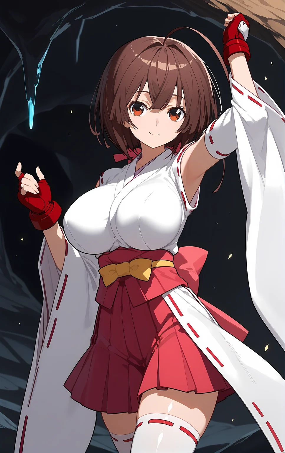 (score_9, score_8_up, score_7_up), looking at viewer, smile, closed mouth, shiny skin,
ohwx, 1girl, solo, brown_hair, brown_eyes, long_hair, ahoge, breasts, short_hair, large_breasts, ahoge, huge_ahoge,
fingerless_gloves, bare_shoulders, bow, gloves, hakama, hakama_short_skirt, hakama_skirt, impossible_clothes, impossible_shirt, jacket, japanese_clothes, kimono, long_sleeves, miko, red_gloves, red_ribbon, ribbon, ribbon_trim, sash, shirt, skirt, thighhighs, white_thighhighs, wide_sleeves, zettai_ryouiki,
cave, Leaping with one arm up,
<lora:musubi_pony_ss-000001:1>