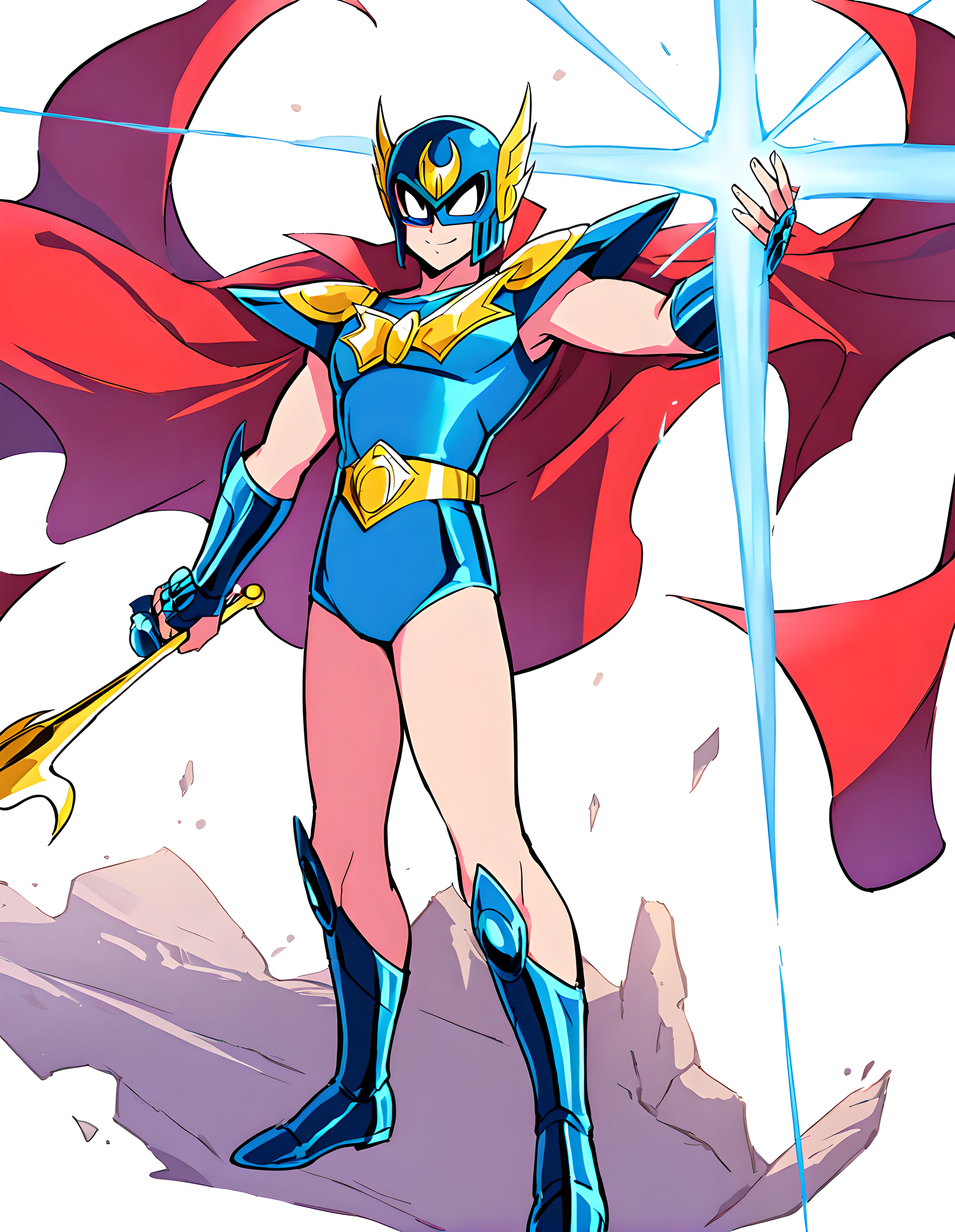 <lora:illustrious_XL_perman set:0.6>,perman set,masterpiece,best quality,good quality,1boy,solo,blue helmet,masked,cape,smile,standing,white_background,saint seiya,