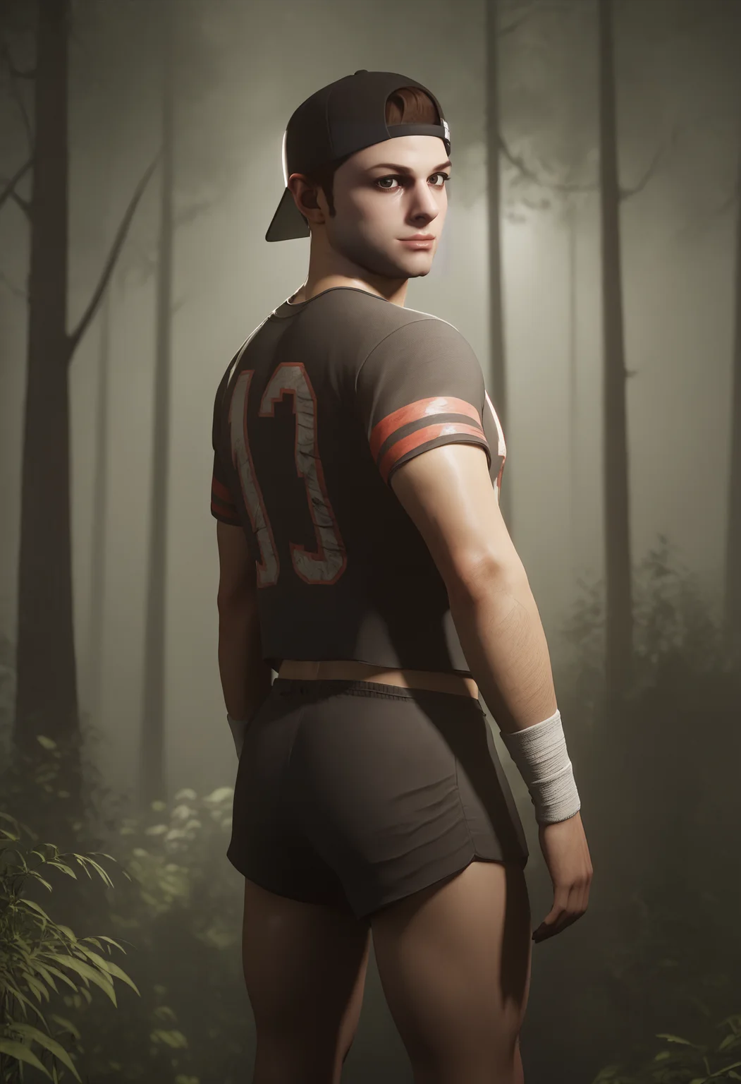 score_9, score_8_up, score_7_up, 3d <lora:jacob_custos_pony_epoch_7:1> 80s_jacob_custos, black mesh crop top jersey, number 13 on the jersey, small black shorts, wristbands, cap, forest, looking at viewer, confident expression, looking back