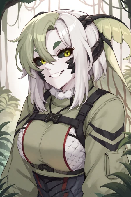 score_9, score_8_up, score_7_up, score_6_up, score_5_up, score_4_up, source_anime, rating_safe, jungle, 1girl, solo, lunesuit, smile, looking at viewer, v, (extra arms:0.5), portrait,
<lora:JuniperActias:1> juniperactias, pale skin, black sclera, (green eyes:0.8), [black gloves::4]
<lora:Kanta:1>