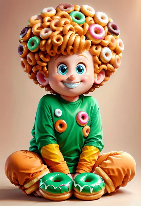TangiriniStyle, , score_9, score_8_up, score_7_up, highly detailed, cute boy, 1boy, solo, Dennis, big curly Hair made of doughnuts, Blue Eyes, Freckles, Green shirt, Orange Shorts, sitting, big doughnuts tower, smiling,