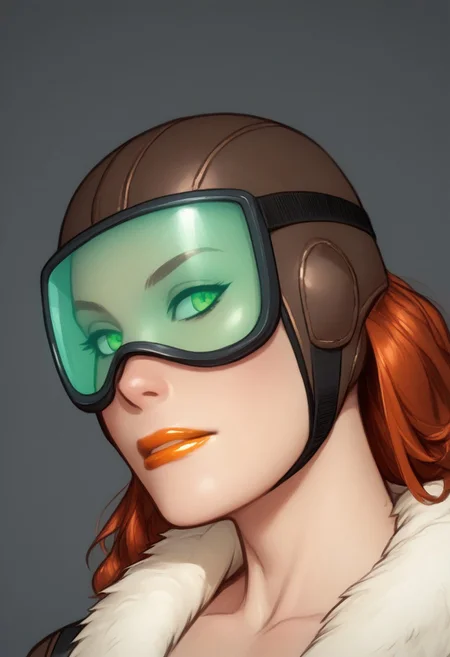 score_10_up, score_9_up, score_8_up, score_7_up, score_10, score_9, score_8, score_7, AdamHughesstyle
RS0TXTANE, 1girl, solo, auburn hair, long hair, brown aviator cap, lime-green-tinted goggles, orange lipstick, white fur collar,
eyes, perfect eyes, detailed eyes, makeup, beautiful face, pretty. Close-up, headshot, portrait.
BREAK
Masterpiece, ultra, extreme detailed, highest detailed, 8k, highres,
