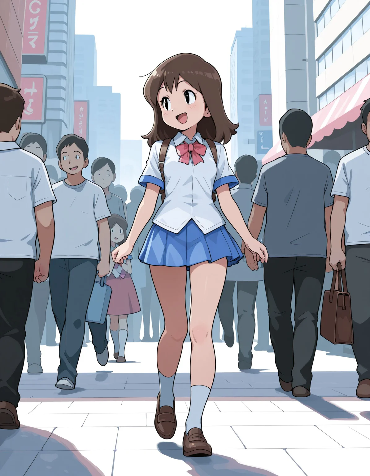 1girl,<lora:lass pokemonRGBY_illustriousXL:0.8>,lass rgby,brown hair,black eyes,bowtie,white shirt,blue skirt,socks,brown shoes,full body,smile,open mouth,walking,city,crowd,looking to the side,masterpiece,best quality,amazing quality,