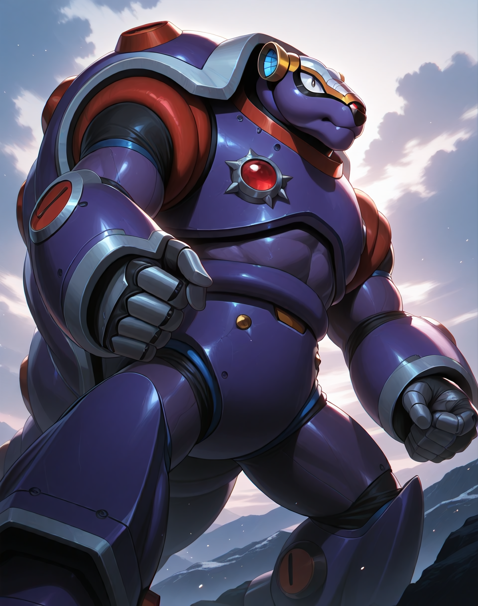 <lora:Armored_Armadillo_(Mega_Man_X)_(Illustrious)_(AD):1.35> Armored Armadillo, reploid, MMX, 
exterior, video game background, sky with clouds, 
male focus, intense shadows, dynamic shadows, intricate details, attention to details, gradient coloring, robot, hyper muscular, abs, 
BREAK very awa, masterpiece, best quality, amazing quality, very aesthetic, highres, absurdres, 
EZRealPONYXL, zPDXL, Smooth Quality, lazynsfw,