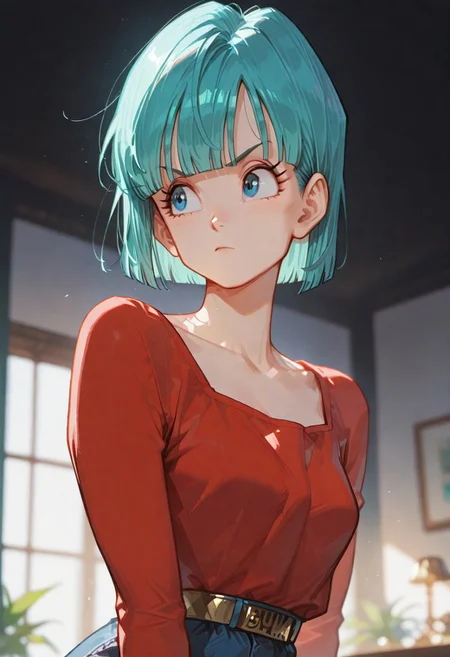 masterpiece, ultra-HD, cinematic lighting, impressionism (1.5), high detail, depth of field, (blurred background), (dramatic lighting),masterpiece, best quality, very aesthetic,8k,masterpiece, best quality, masterpiece, best quality, 8k,
bulma, aqua hair, blue eyes,outfit_mama_trunks, short hair, blunt bangs, red shirt, long sleeves, collarbone,
simple_background, half close-up, sexy pose,
((slim body)), (small breasts), Dynamic angle, Dynamic pose, portrait,