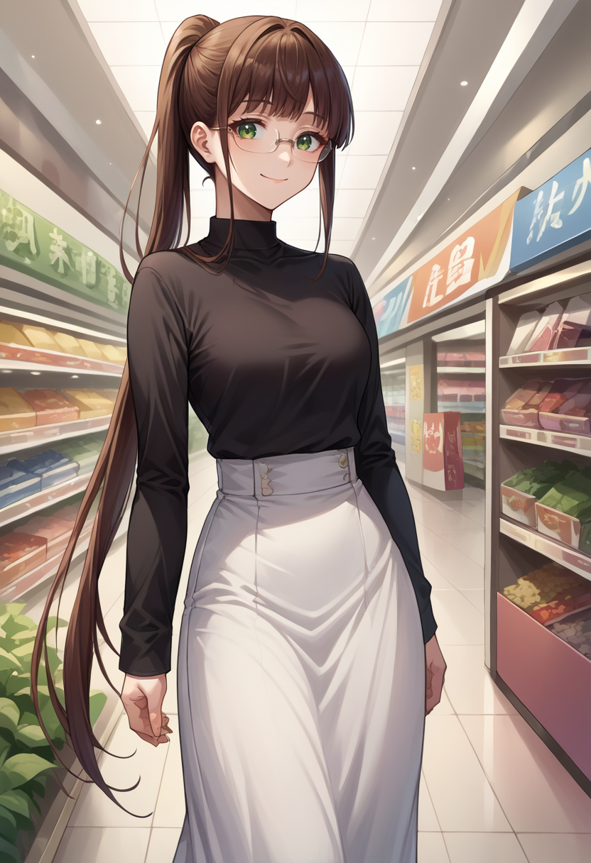 score_9, score_8_up, source_anime, 1girl, RuriMiyamoto, brown hair, bangs, very long hair, ponytail, green eyes, glasses, high-waist skirt, long skirt, white skirt, black shirt, long sleeves, smile, standing, indoors, shopping mall, <lora:ChamRuriMiyamotoPonyXL:1>
