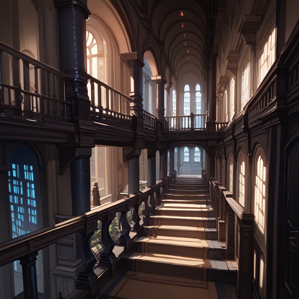 score_9, score_8_up, score_7_up, score_6_up, jedi temple, star wars, scenery, stairs, window, no humans, shadow, night, railing, building, indoors, hallway, archive, archives