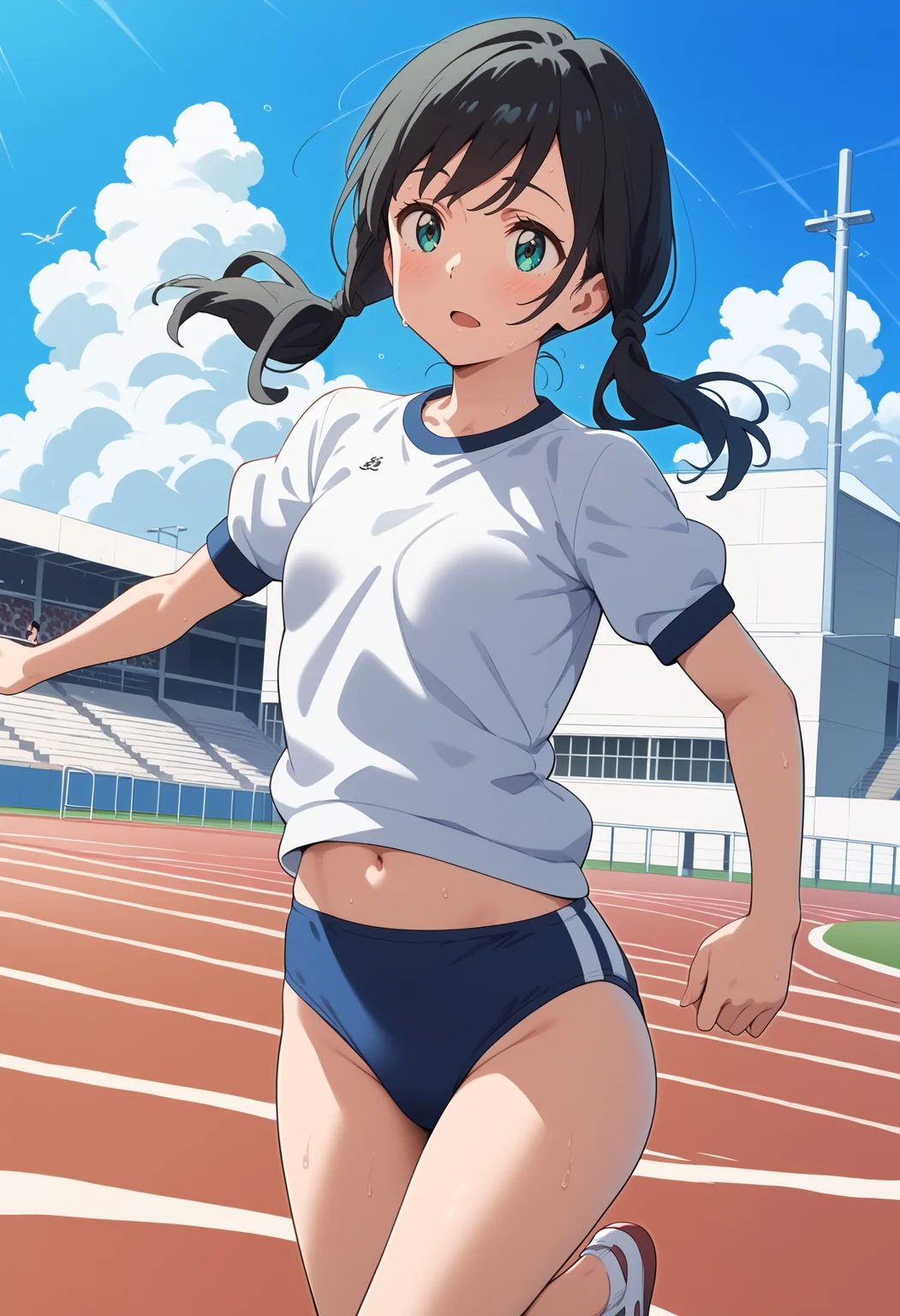 score_9, score_8_up, score_7_up, score_6_up, score_5_up, score_4_up, source_anime, aahina, medium hair, black hair, low twintails, aqua eyes, small breasts, <lora:amano_hina_ponyxl_v1:0.9>, white shirt, gym uniform, short sleeves, buruma, track, running, sweat
